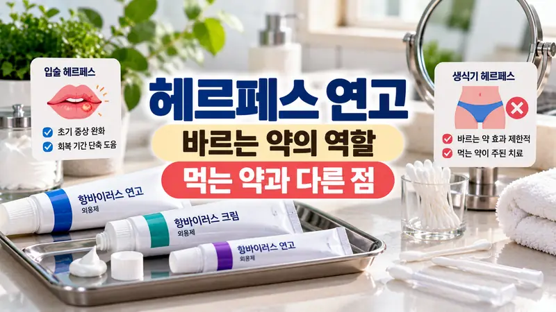 헤르페스 연고 바르는 약 효과와 먹는 약 차이를 설명하는 약국 이미지